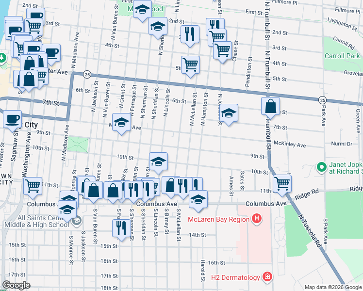map of restaurants, bars, coffee shops, grocery stores, and more near 321 North Birney Street in Bay City