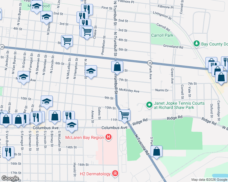 map of restaurants, bars, coffee shops, grocery stores, and more near 1862 Mckinley Street in Bay City