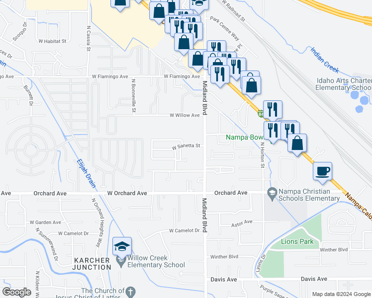 map of restaurants, bars, coffee shops, grocery stores, and more near 1057 West Sanetta Street in Nampa