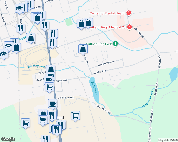map of restaurants, bars, coffee shops, grocery stores, and more near 235 Mussey Street in Rutland