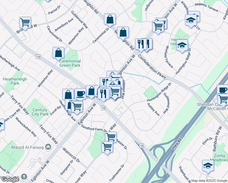 map of restaurants, bars, coffee shops, grocery stores, and more near 640 Eglinton Avenue West in Mississauga