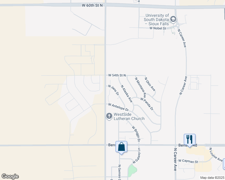 map of restaurants, bars, coffee shops, grocery stores, and more near 4217 North Jans Drive in Sioux Falls