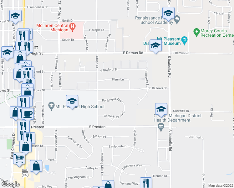 map of restaurants, bars, coffee shops, grocery stores, and more near 1519 Portabella Trail in Mount Pleasant