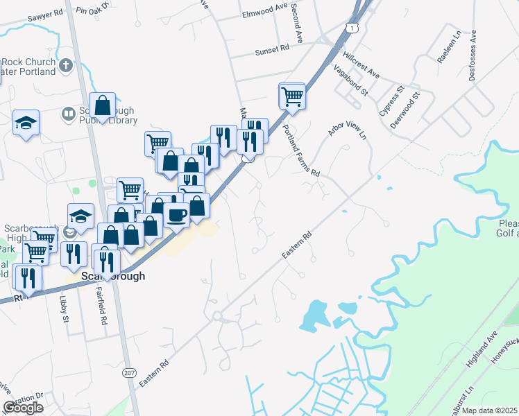 map of restaurants, bars, coffee shops, grocery stores, and more near 38 Foxcroft Drive in Scarborough