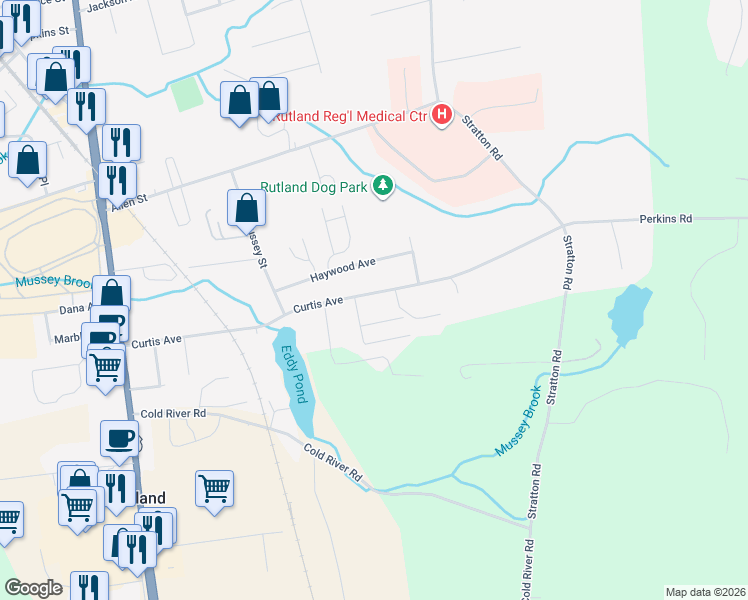 map of restaurants, bars, coffee shops, grocery stores, and more near 116 Curtis Avenue in Rutland