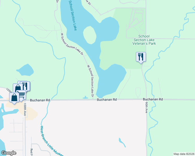 map of restaurants, bars, coffee shops, grocery stores, and more near 8690 West Sch Sec Lake Drive in Mecosta