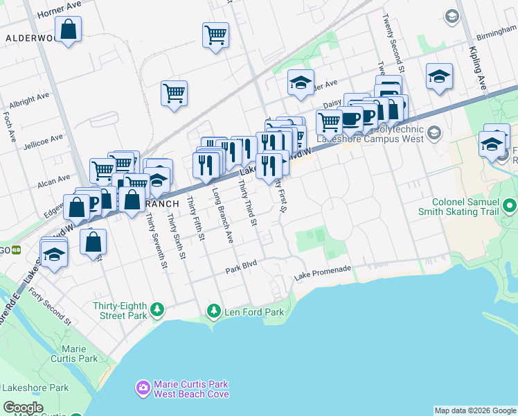 map of restaurants, bars, coffee shops, grocery stores, and more near 35 Thirty Third Street in Toronto