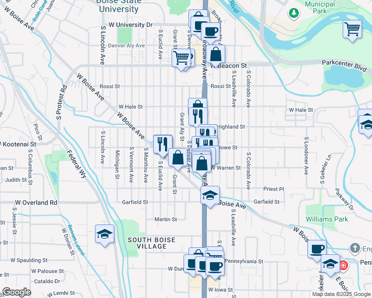 map of restaurants, bars, coffee shops, grocery stores, and more near 1604 South Denver Avenue in Boise