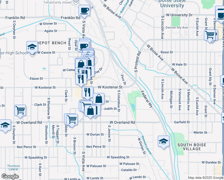 map of restaurants, bars, coffee shops, grocery stores, and more near 2219 West Kootenai Street in Boise