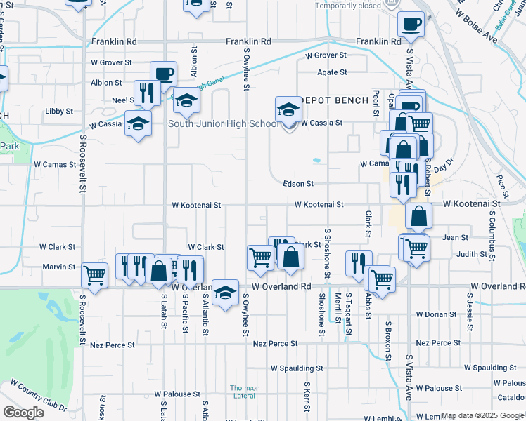 map of restaurants, bars, coffee shops, grocery stores, and more near 1206 South Owyhee Street in Boise