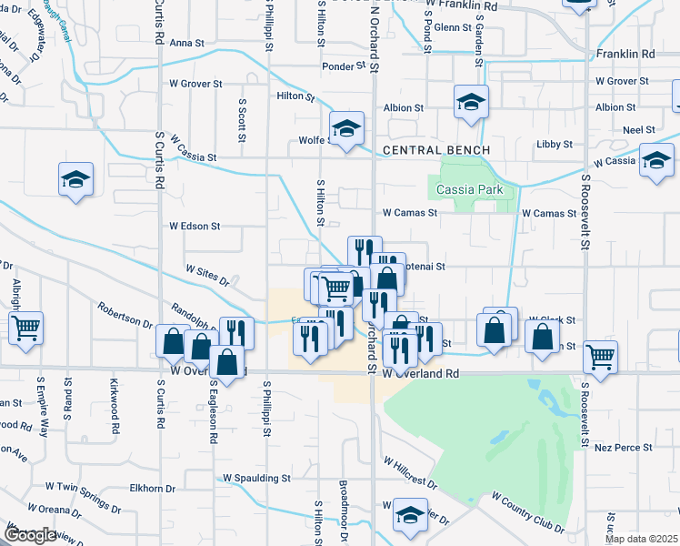 map of restaurants, bars, coffee shops, grocery stores, and more near 1245 South Security Lane in Boise