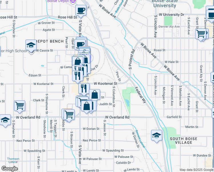 map of restaurants, bars, coffee shops, grocery stores, and more near 2219 West Kootenai Street in Boise
