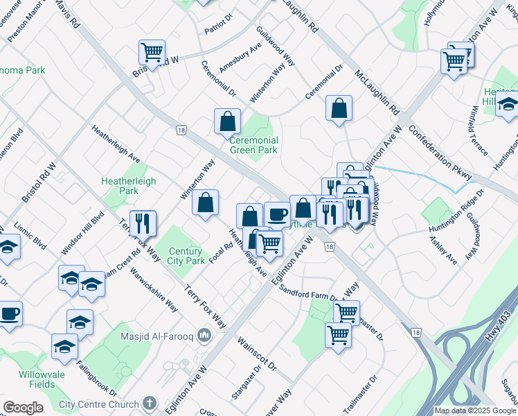map of restaurants, bars, coffee shops, grocery stores, and more near 833 Scollard Court in Mississauga