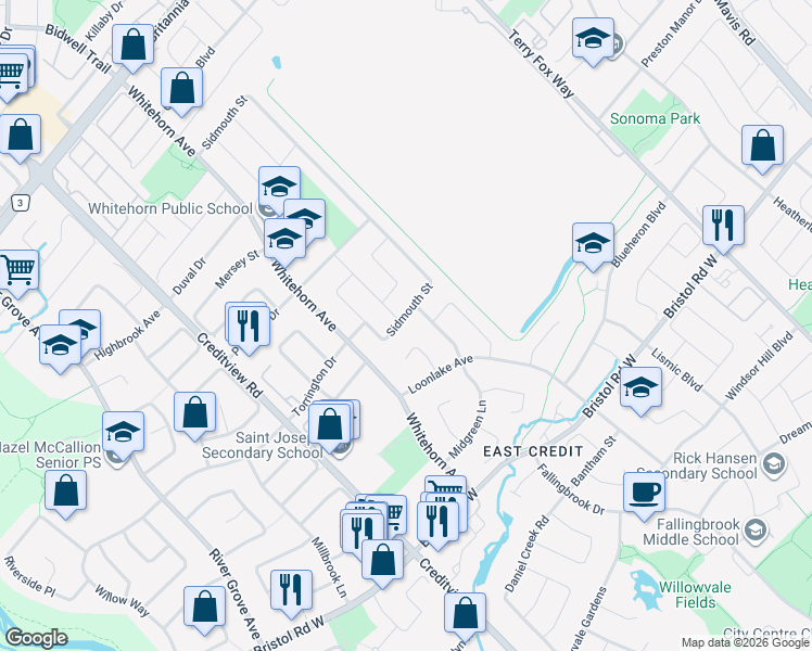 map of restaurants, bars, coffee shops, grocery stores, and more near 5745 Sidmouth Street in Mississauga
