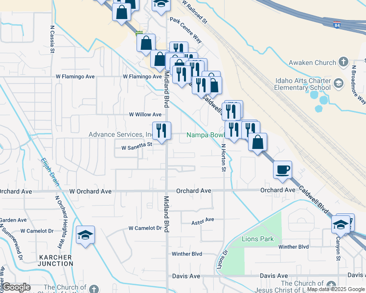 map of restaurants, bars, coffee shops, grocery stores, and more near 831 Comstock Circle in Nampa