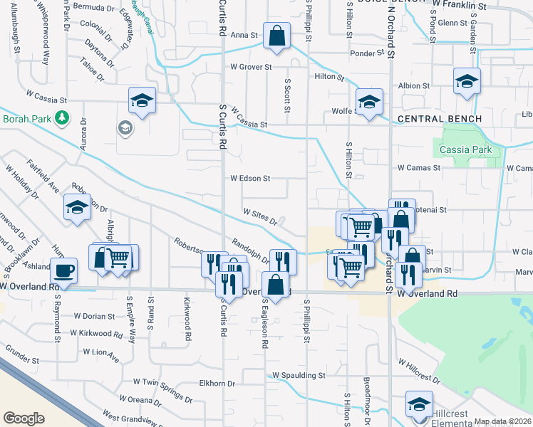 map of restaurants, bars, coffee shops, grocery stores, and more near 5607 West Sites Drive in Boise