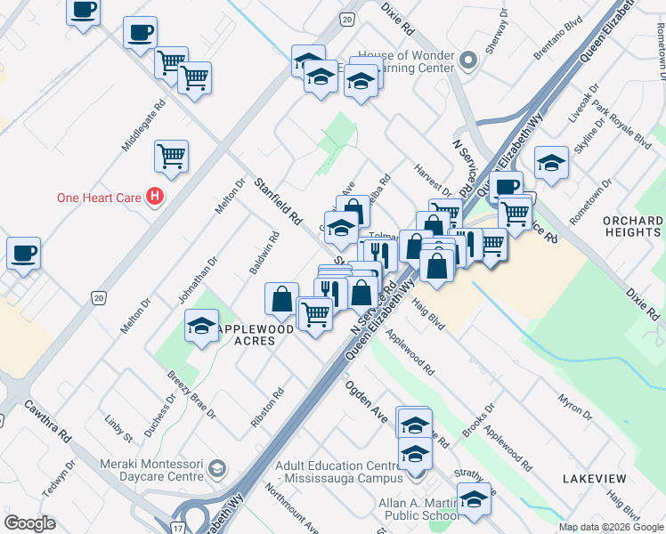 map of restaurants, bars, coffee shops, grocery stores, and more near 2078 Stanfield Road in Mississauga