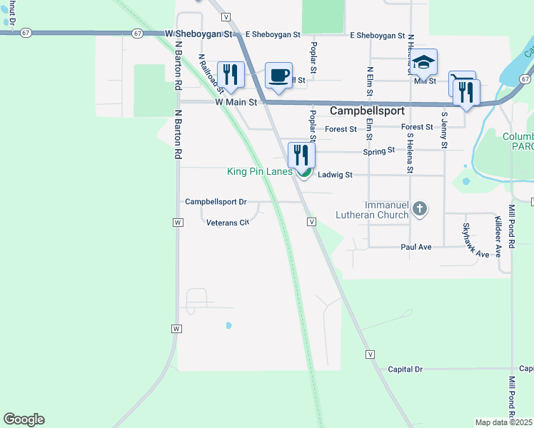 map of restaurants, bars, coffee shops, grocery stores, and more near 585D Veterans Circle in Campbellsport