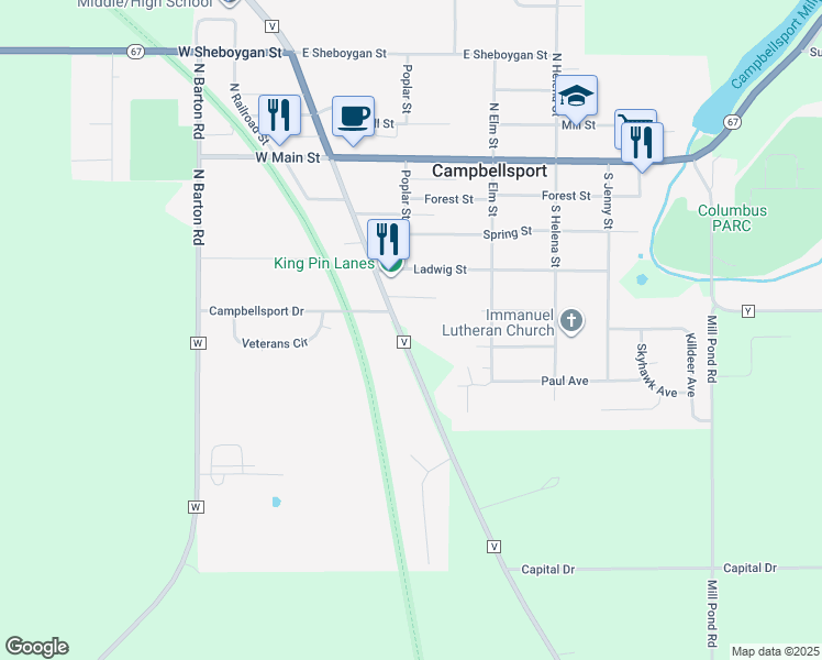 map of restaurants, bars, coffee shops, grocery stores, and more near N1485 County Road V in Campbellsport