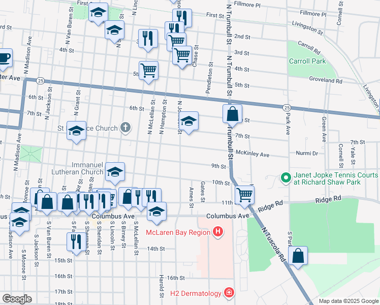 map of restaurants, bars, coffee shops, grocery stores, and more near 404 North Johnson Street in Bay City