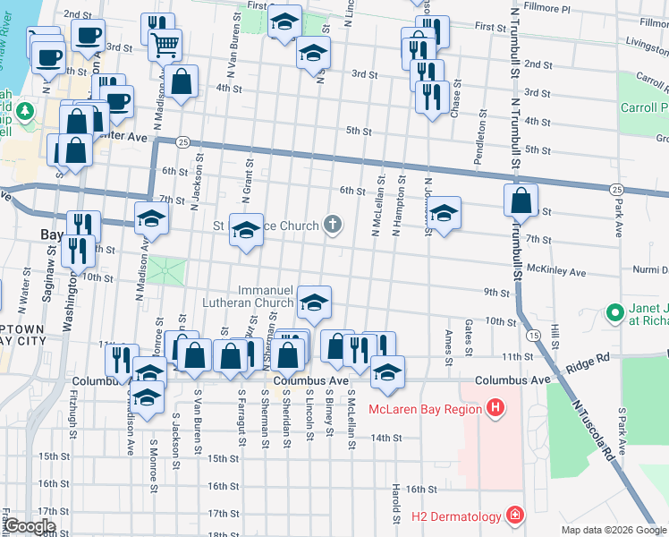 map of restaurants, bars, coffee shops, grocery stores, and more near 321 North Birney Street in Bay City