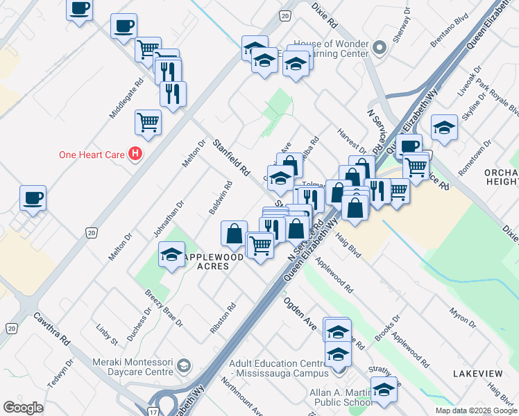 map of restaurants, bars, coffee shops, grocery stores, and more near 1071 Hedge Drive in Mississauga