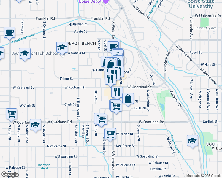map of restaurants, bars, coffee shops, grocery stores, and more near 1201 South Vista Avenue in Boise