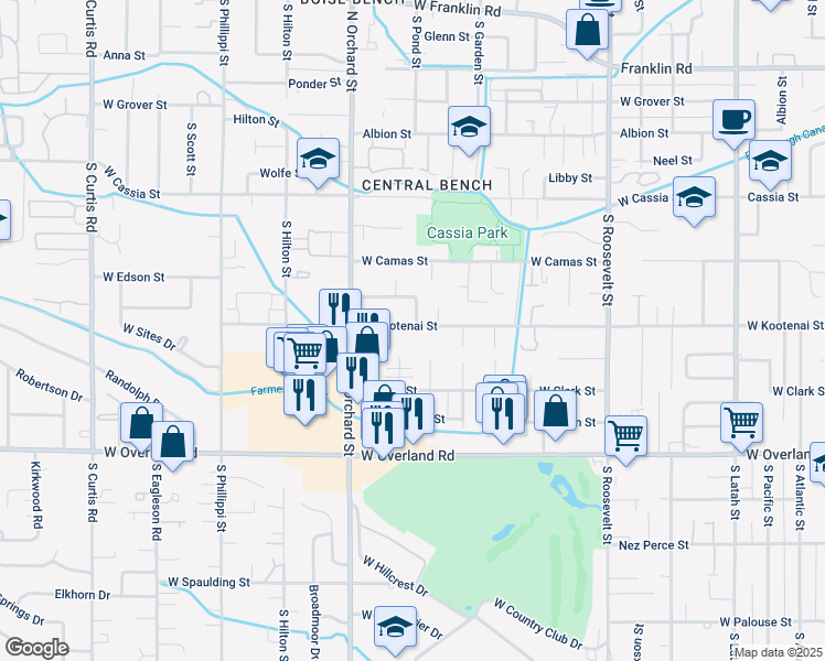 map of restaurants, bars, coffee shops, grocery stores, and more near 47034809 West Kootenai Street in Boise