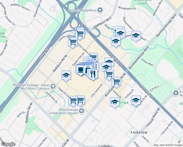 map of restaurants, bars, coffee shops, grocery stores, and more near 220 Burnhamthorpe Road East in Mississauga