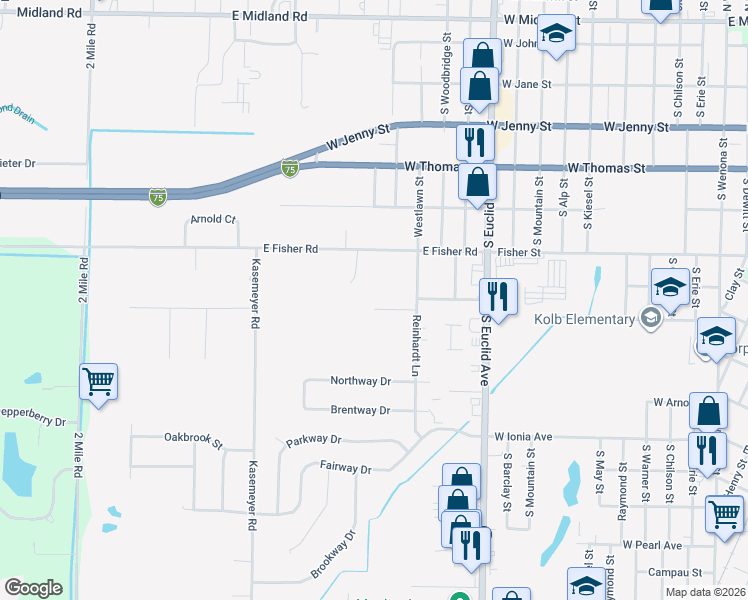 map of restaurants, bars, coffee shops, grocery stores, and more near 3349 Grande Court in Bay City