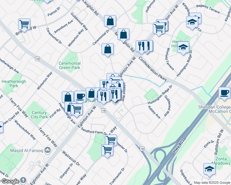 map of restaurants, bars, coffee shops, grocery stores, and more near 620 Eglinton Avenue West in Mississauga