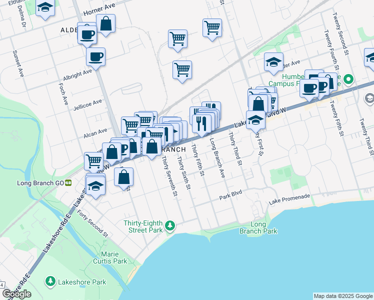 map of restaurants, bars, coffee shops, grocery stores, and more near 3625 Lake Shore Boulevard West in Toronto
