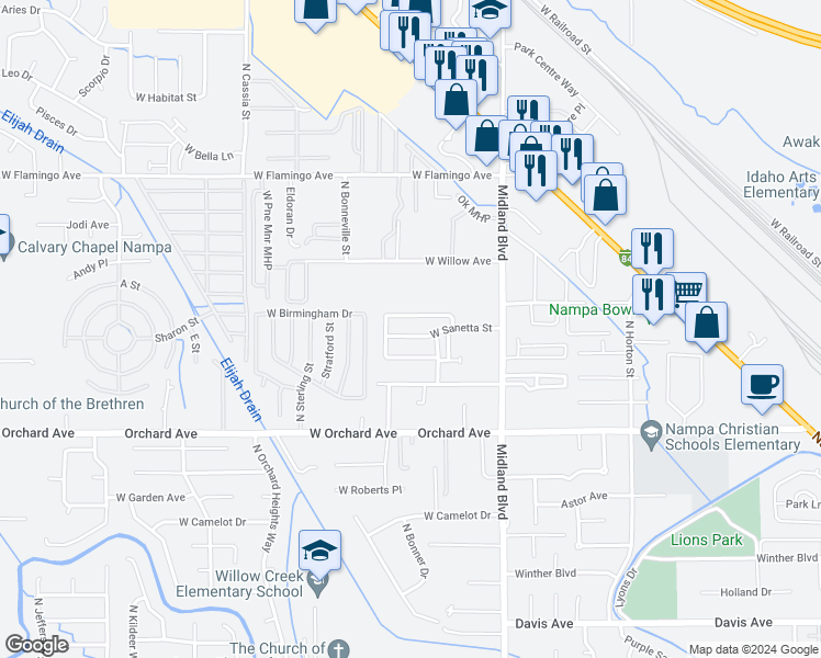map of restaurants, bars, coffee shops, grocery stores, and more near 1220 West Sanetta Street in Nampa