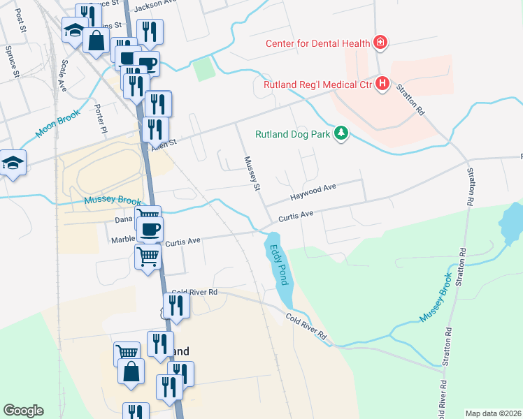 map of restaurants, bars, coffee shops, grocery stores, and more near 235 Mussey Street in Rutland