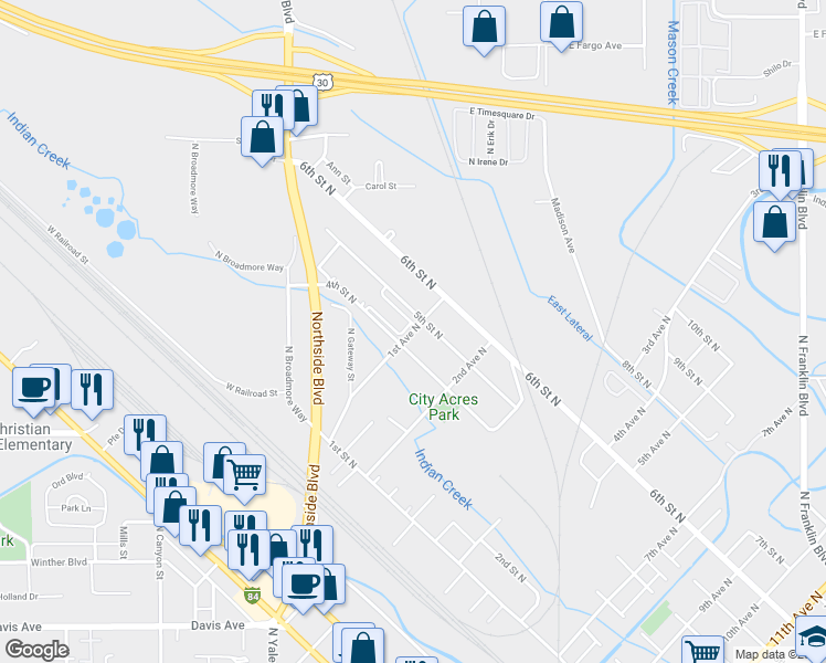 map of restaurants, bars, coffee shops, grocery stores, and more near 431 1st Avenue North in Nampa