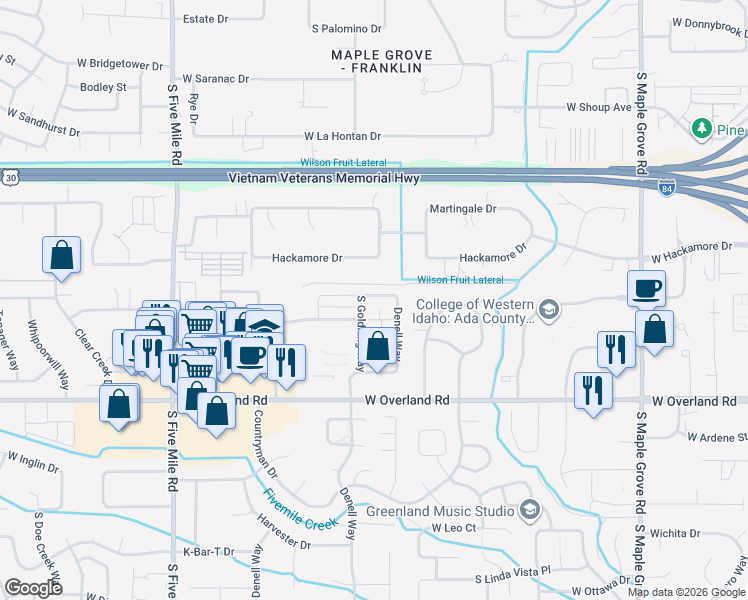 map of restaurants, bars, coffee shops, grocery stores, and more near 1320 South Goldking Way in Boise