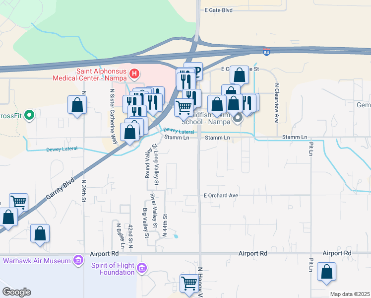 map of restaurants, bars, coffee shops, grocery stores, and more near 4621 Stamm Lane in Nampa