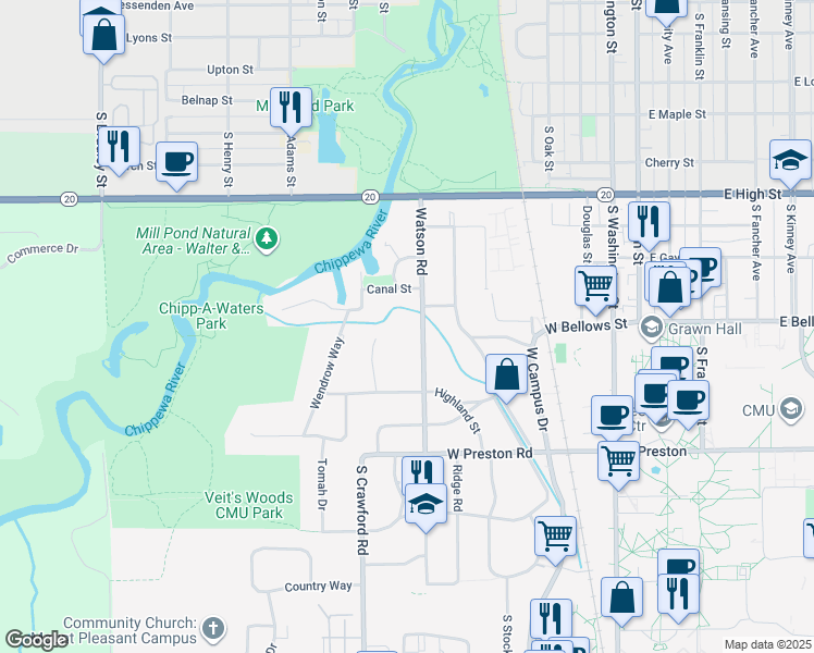 map of restaurants, bars, coffee shops, grocery stores, and more near 1105 Kent Drive in Mount Pleasant