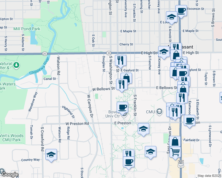 map of restaurants, bars, coffee shops, grocery stores, and more near South Washington Street in Mount Pleasant
