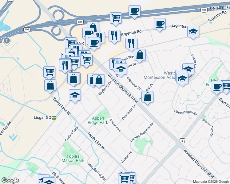 map of restaurants, bars, coffee shops, grocery stores, and more near 3202 Shadetree Drive in Mississauga
