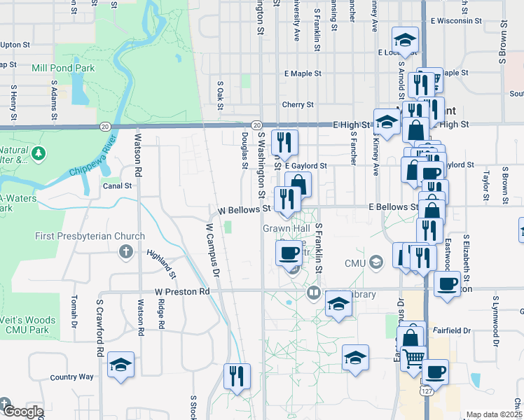 map of restaurants, bars, coffee shops, grocery stores, and more near 1101 South Washington Street in Mount Pleasant