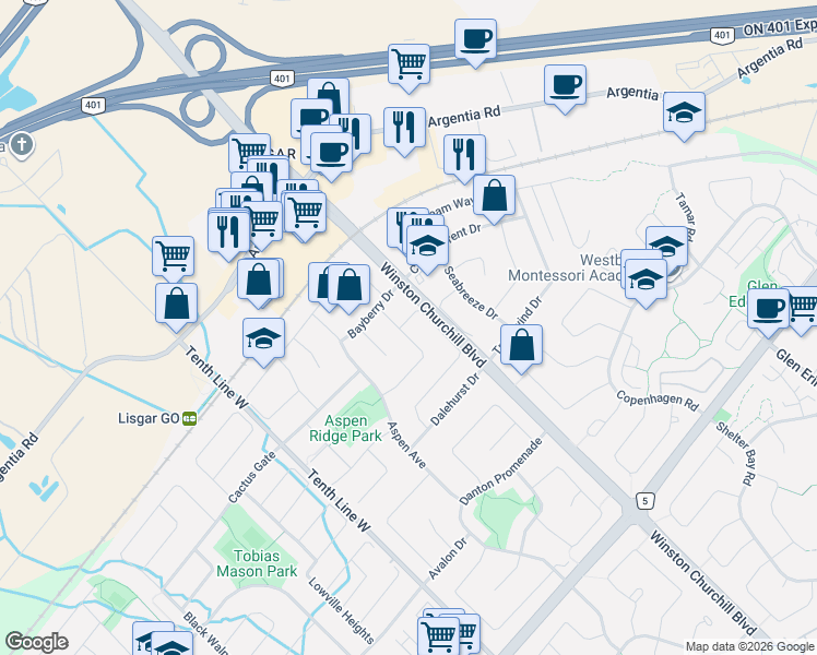 map of restaurants, bars, coffee shops, grocery stores, and more near 3202 Shadetree Drive in Mississauga