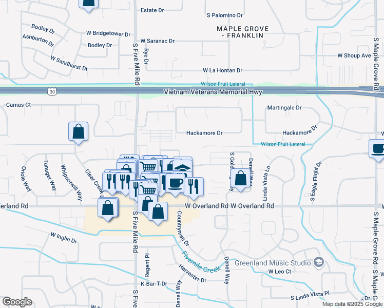 map of restaurants, bars, coffee shops, grocery stores, and more near 10250 West Smoke Ranch Drive in Boise