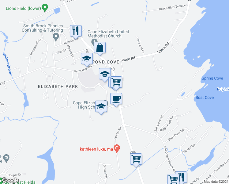 map of restaurants, bars, coffee shops, grocery stores, and more near 337b Ocean House Road in Cape Elizabeth