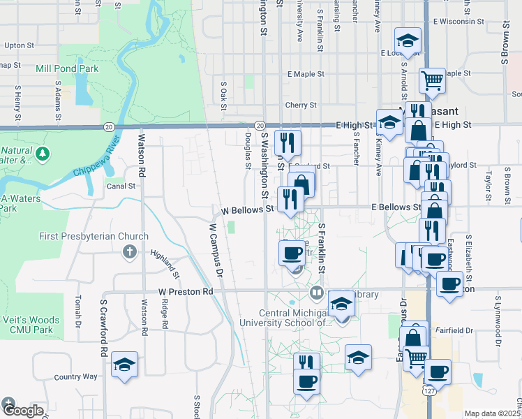 map of restaurants, bars, coffee shops, grocery stores, and more near Menominee St in Mt Pleasant