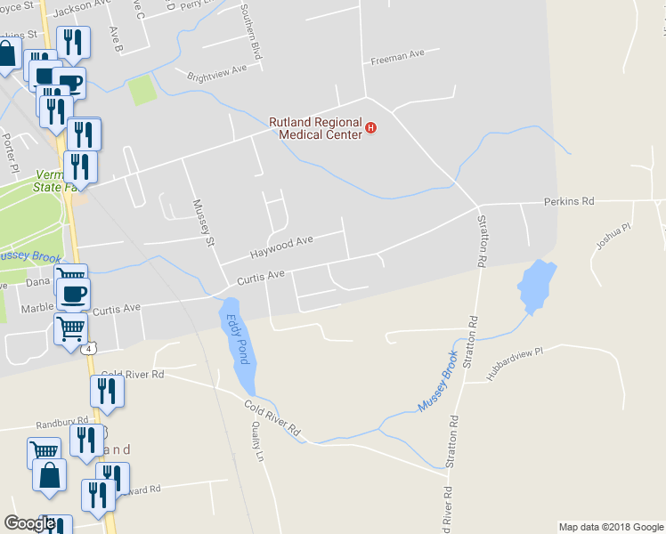 map of restaurants, bars, coffee shops, grocery stores, and more near 128 Curtis Avenue in Rutland