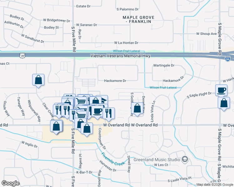 map of restaurants, bars, coffee shops, grocery stores, and more near 10115 West Smoke Ranch Drive in Boise