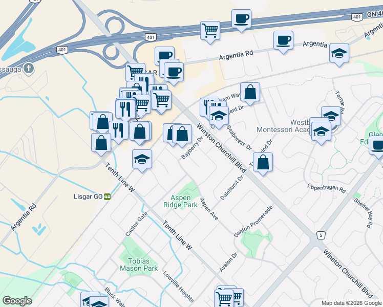 map of restaurants, bars, coffee shops, grocery stores, and more near 7355 Aldergrove Court in Mississauga