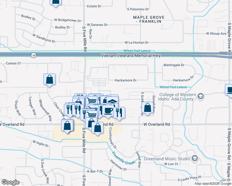 map of restaurants, bars, coffee shops, grocery stores, and more near 10250 West Smoke Ranch Drive in Boise