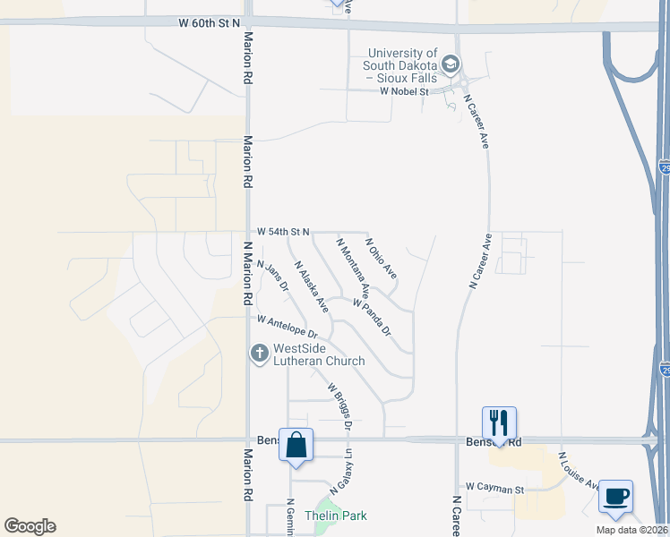 map of restaurants, bars, coffee shops, grocery stores, and more near 4212 North Alaska Avenue in Sioux Falls